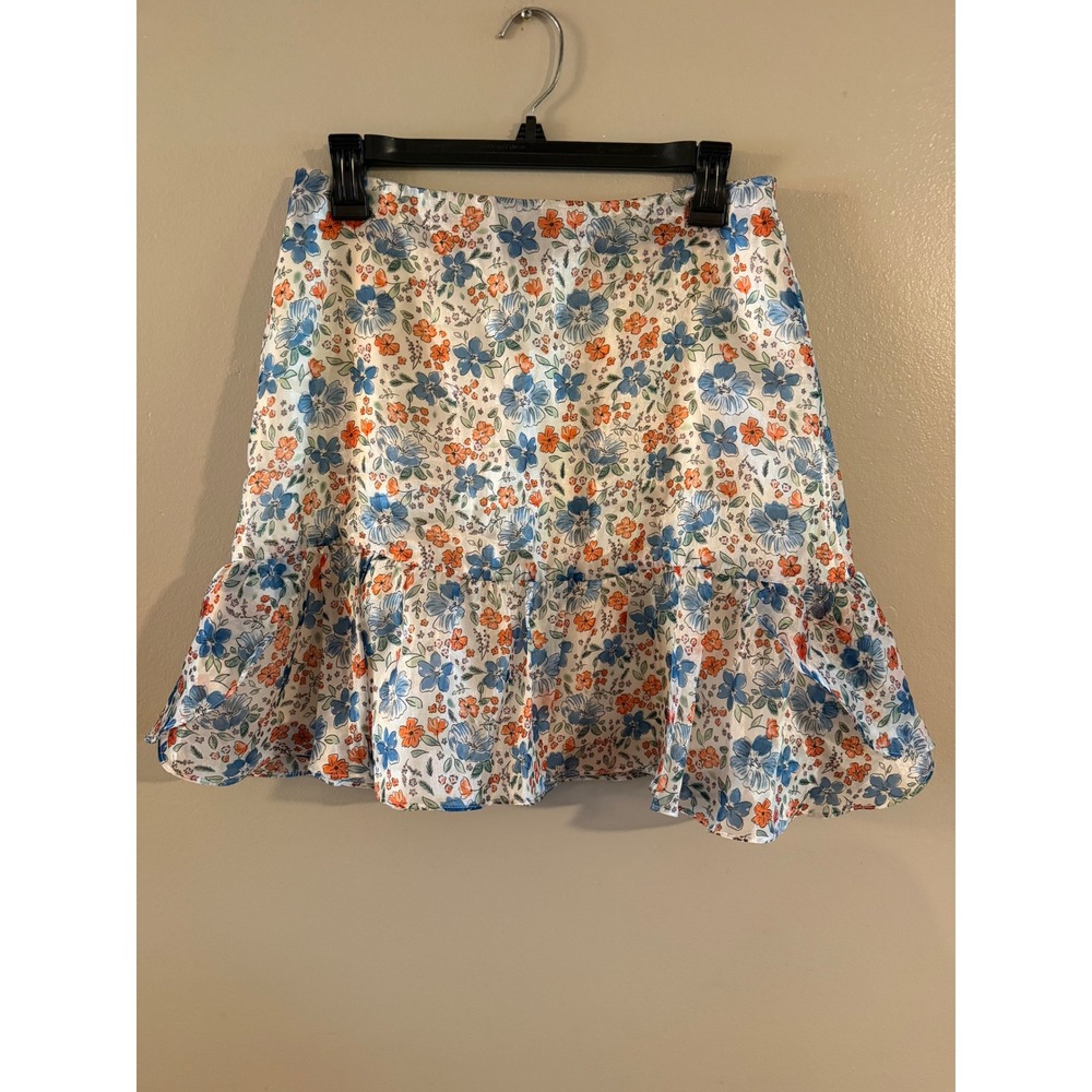 Wildfox Floral Ruffle Mini Skirt Blue Orange White Satin Shimmer Womens Medium